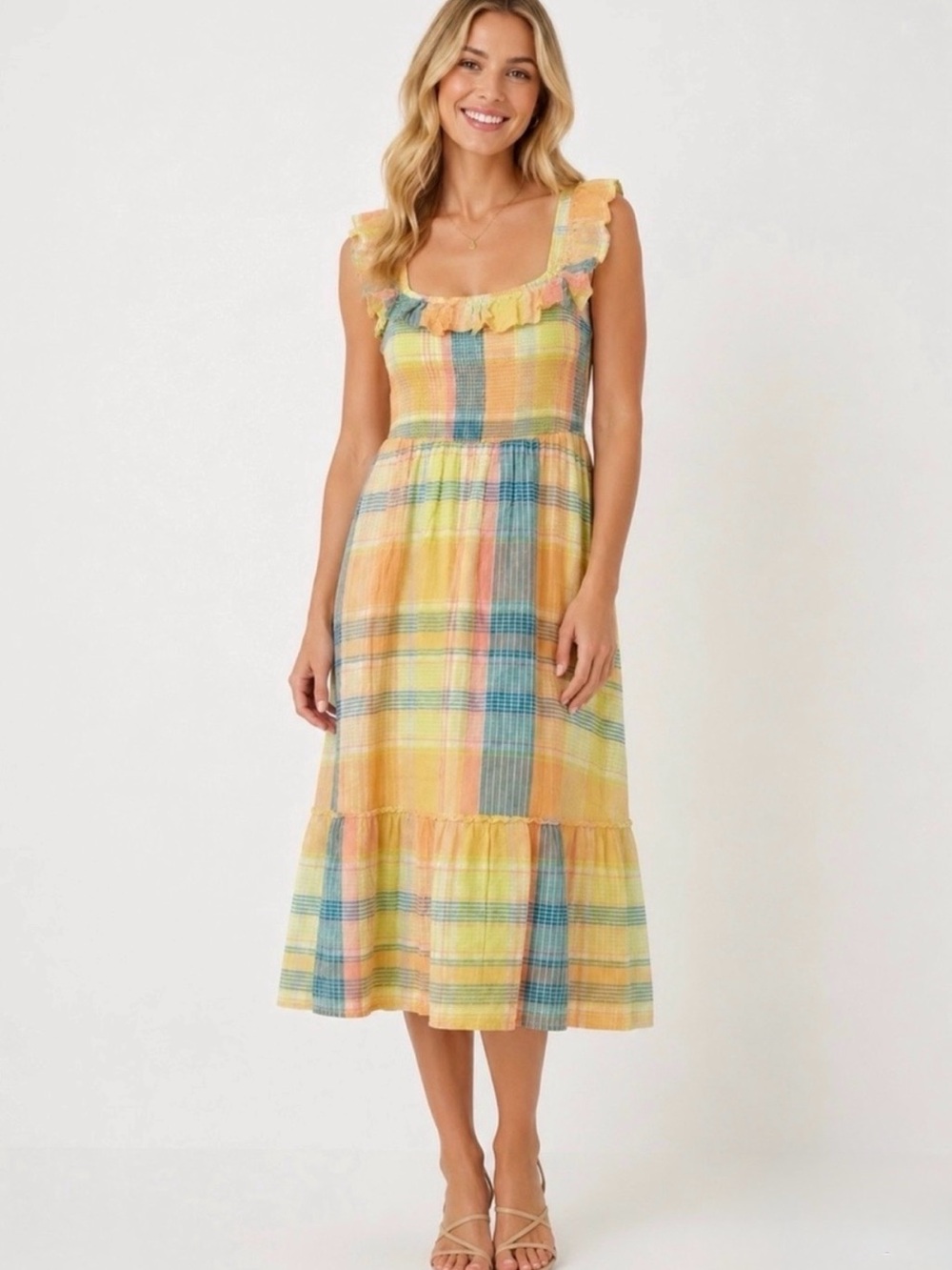 Vineyard Vines Plaid Lemon Tart Smocked Plaid Ruffle Midi - Sz Small